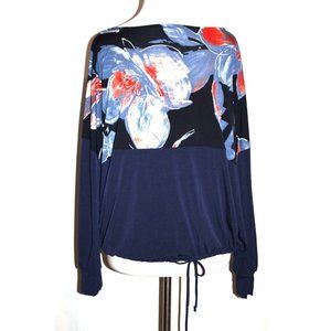 42POPS Women's Long Sleeve Shirt Navy Blue Floral Tie Waist Size Medium M NWOT